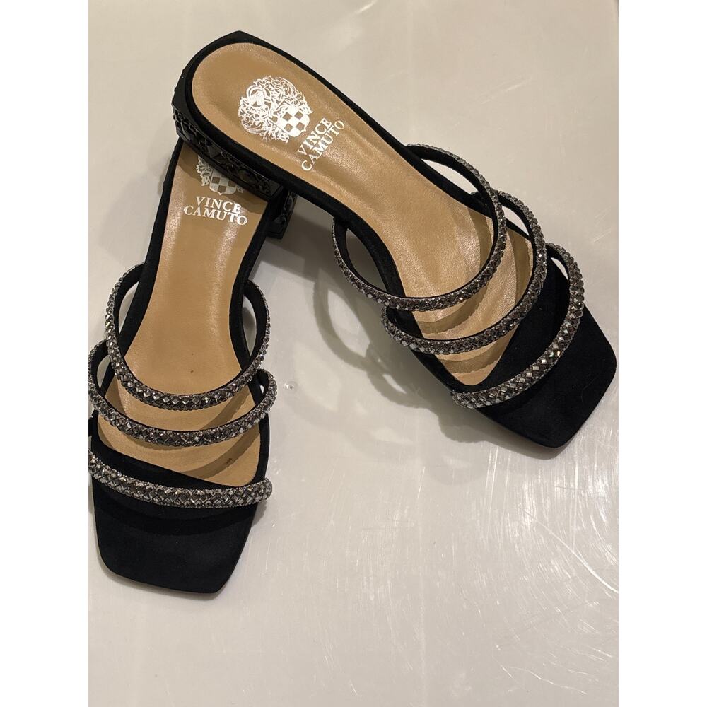 VINCE CAMUTO Ramira Sandal Black Suede Strappy Rhinestone Slide Low Heel  9